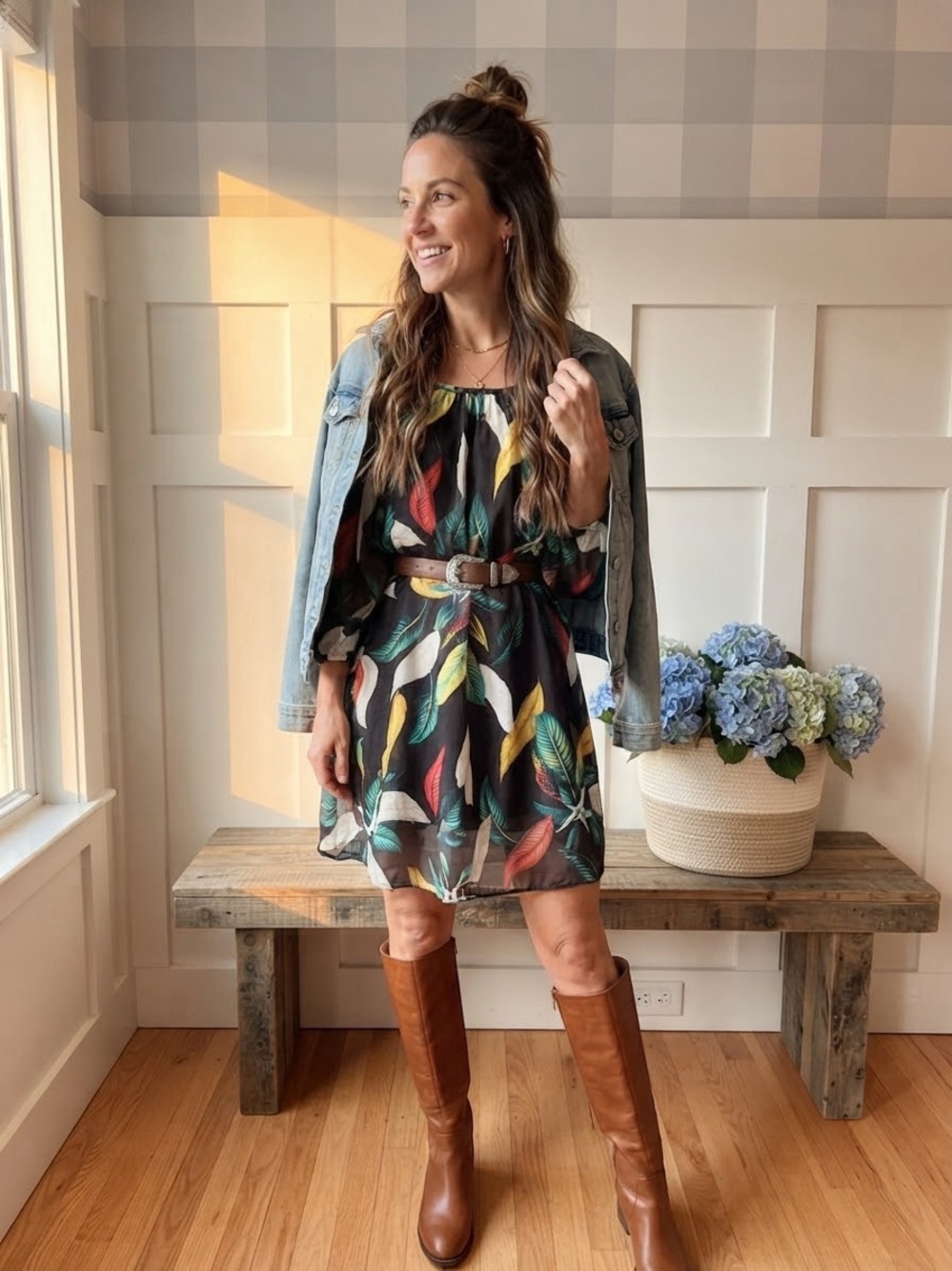 Bellerose Black Mini Dress with Multicolor Leaf Print Small